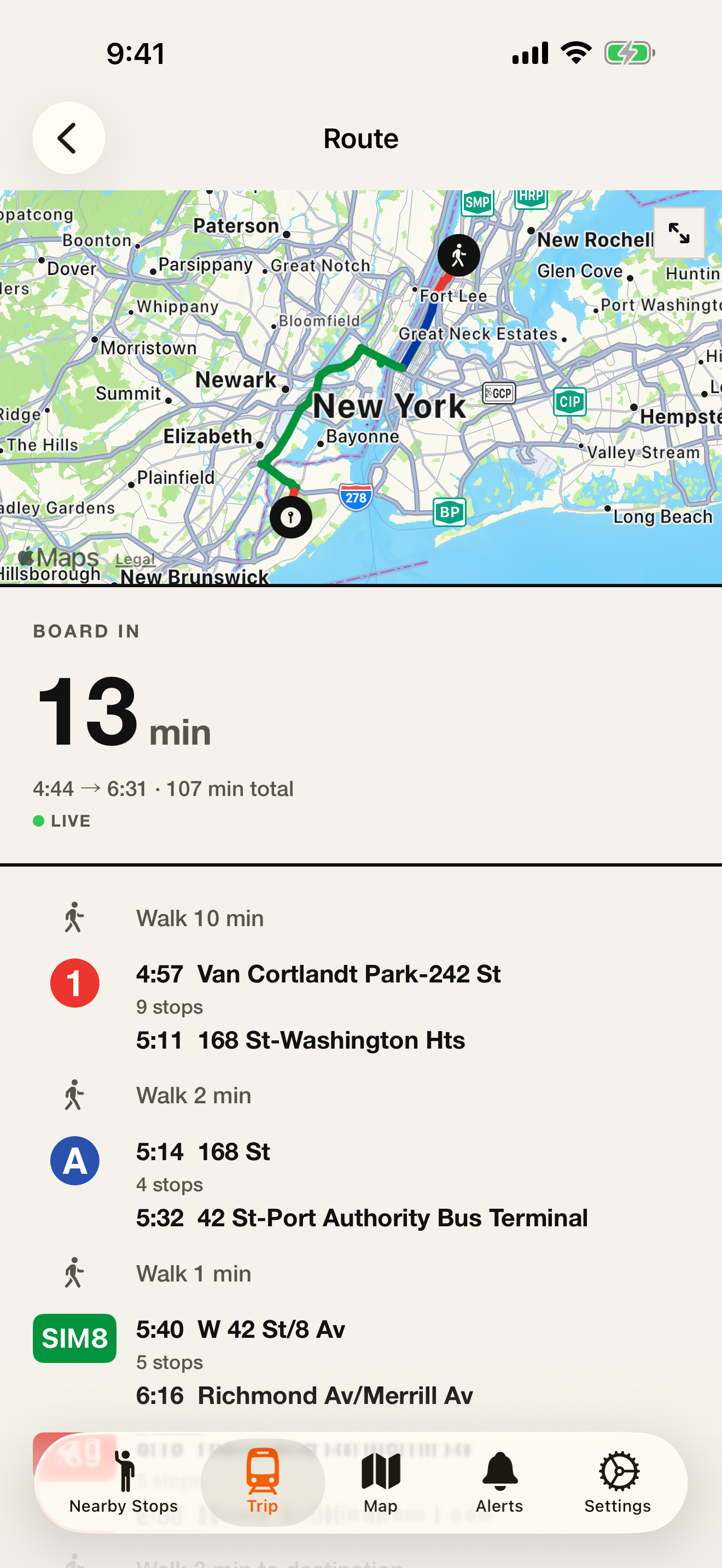 FastStation journey detail showing the route on a map, boarding time, and step-by-step transfer instructions.