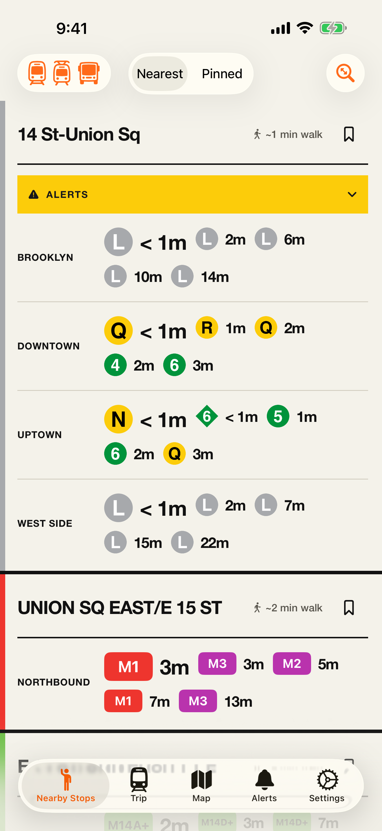 The FastStation iPhone app showing nearby subway and bus arrival boards at Union Square.