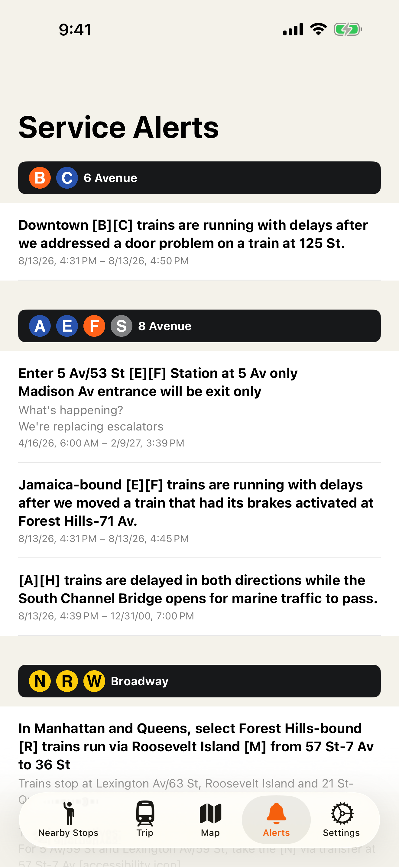 FastStation service alerts organized by subway line, showing details of delays and station access changes.