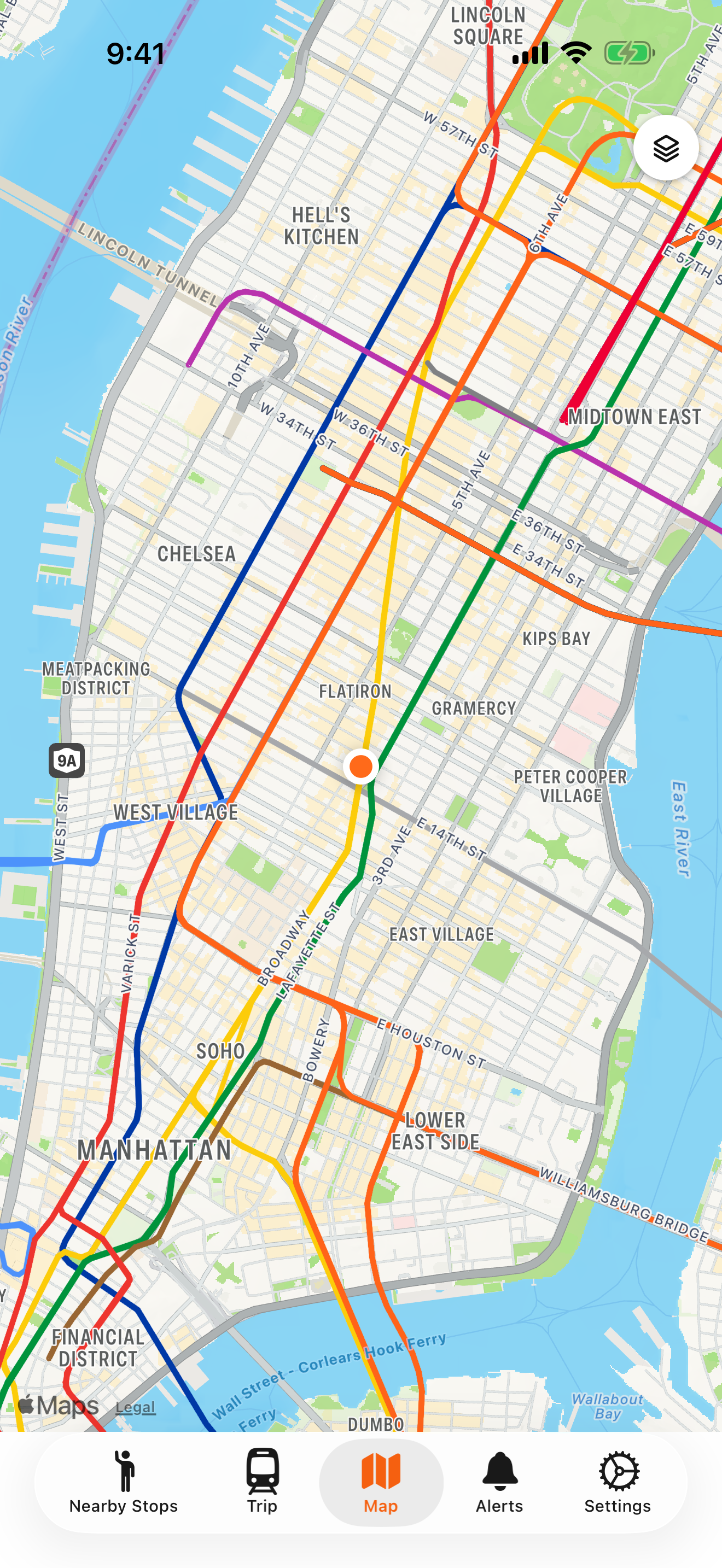 FastStation's map showing color-coded subway lines across Manhattan and the rider's location near Union Square.