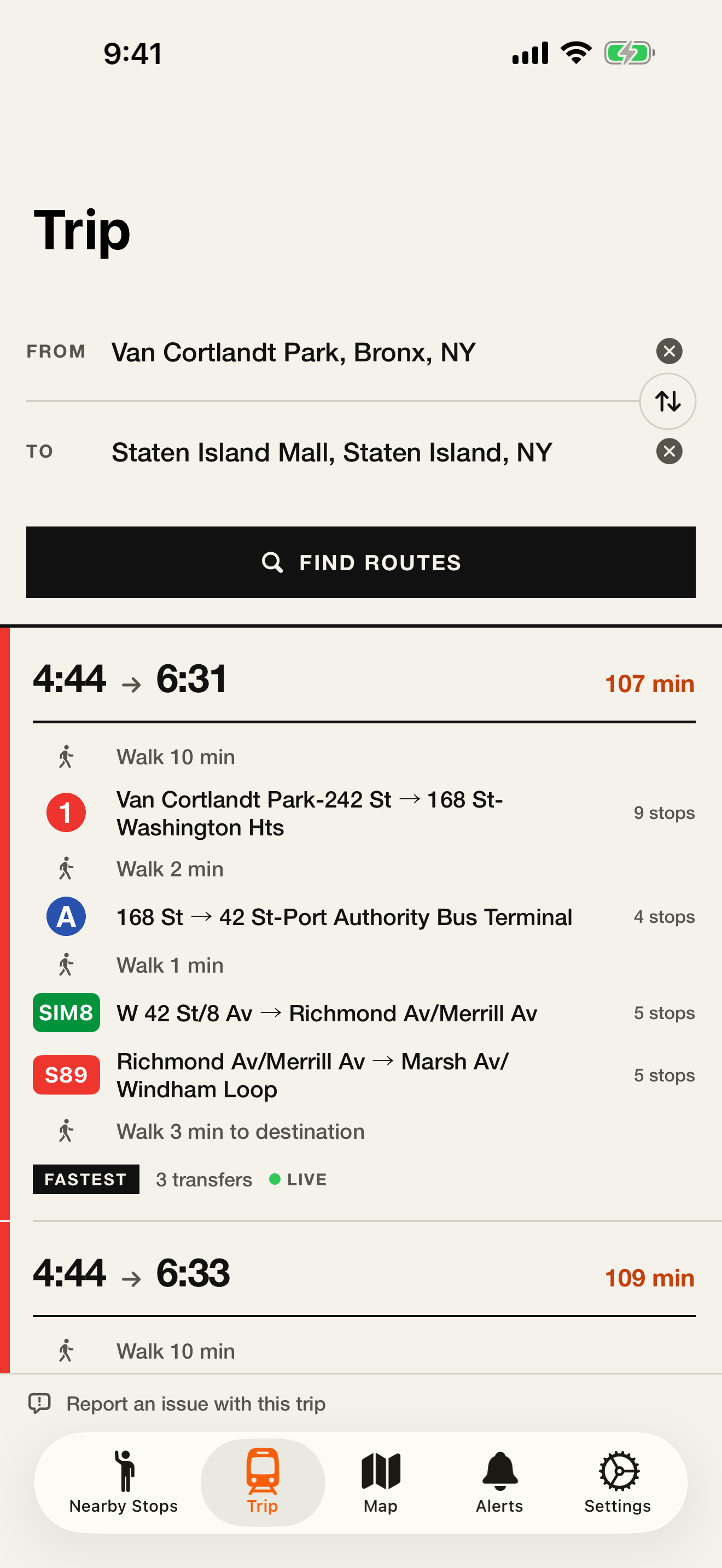 FastStation comparing routes from the Bronx to Staten Island, with travel time, walking, trains, buses, and transfers.